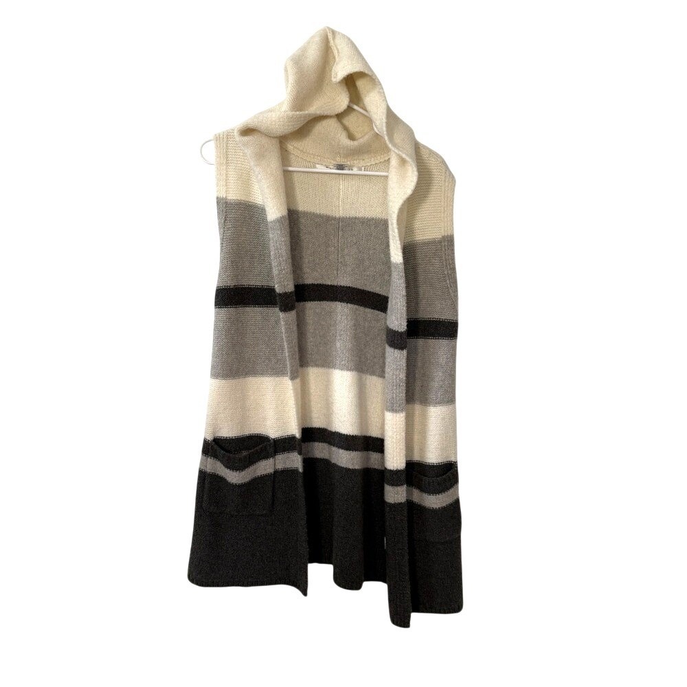 MAX STUDIO Striped Hooded Sleeveless Long Vest Cardigan Sweater Women Medium